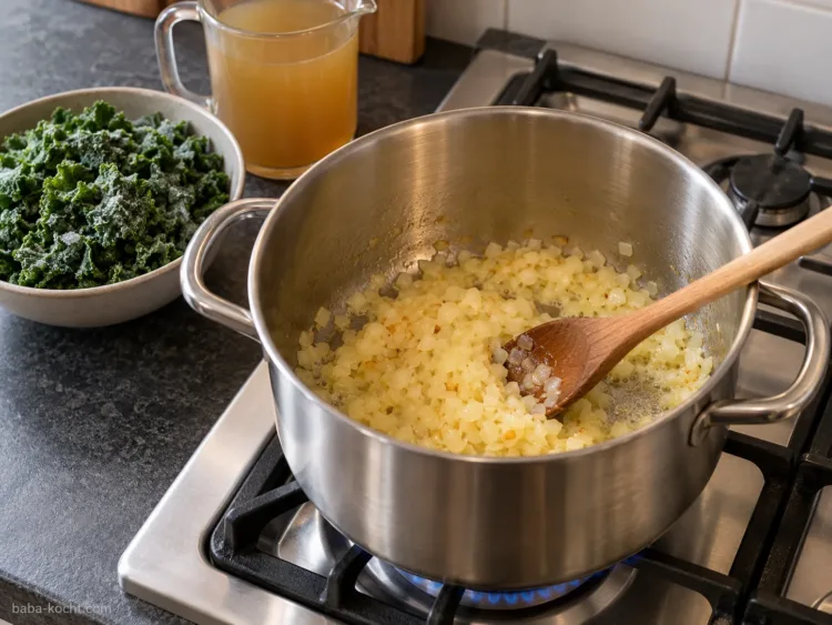 Zwiebeln anschwitzen – Grünkohl-Eintopf mit Kartoffeln Fein gewürfelte Zwiebeln werden in Butter im Topf angeschwitzt