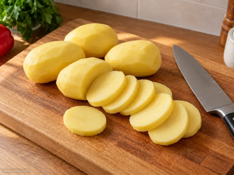 Geschälte Kartoffeln in gleichmäßige Scheiben geschnitten