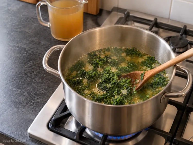 Grünkohl in der Brühe lösen – Grünkohl-Eintopf mit Kartoffeln TK-Grünkohl köchelt mit Rinderbrühe im Topf