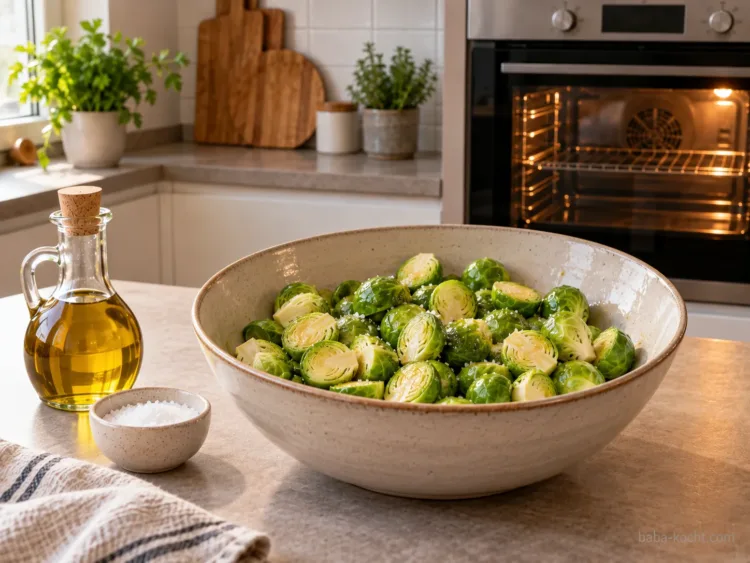 Rosenkohl mit Olivenöl und Salz vermengen