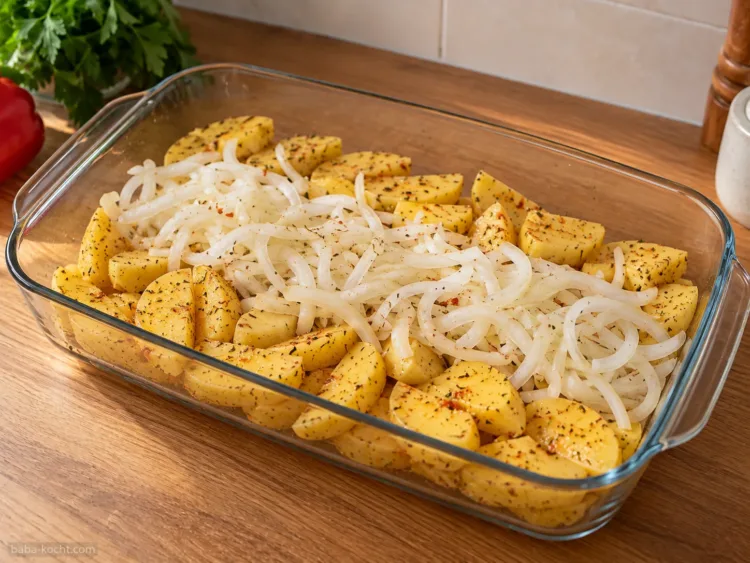 Kartoffelscheiben mit fein geschnittenen Zwiebeln in der Auflaufform