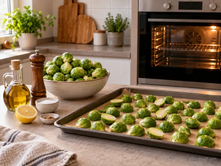Rosenkohl mit der Schnittfläche nach unten auf dem Backblech verteilen