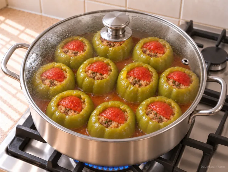 Dolma köcheln zugedeckt im Topf auf einem Gasherd.