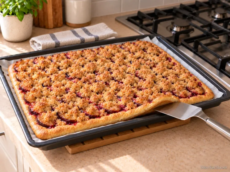 Backzustand prüfen – Zwetschgenkuchen vom Blech mit Hefeteig und Streuseln