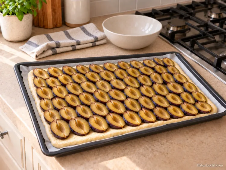 Zwetschgen auflegen – Zwetschgenkuchen vom Blech mit Hefeteig und Streuseln