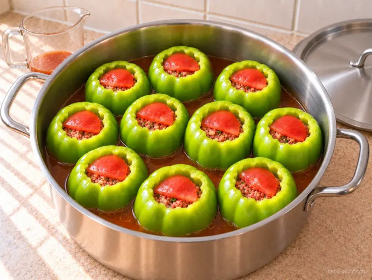 Rohe gefüllte Paprika stehen im Topf in dünner Tomatensoße.