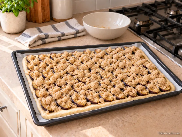Streusel verteilen – Zwetschgenkuchen vom Blech mit Hefeteig und Streuseln