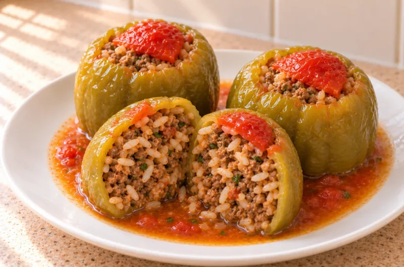 Gefüllte grüne Dolma-Paprika in Tomatensoße; eine aufgeschnittene Paprika zeigt die Hackfleisch-Reis-Füllung.