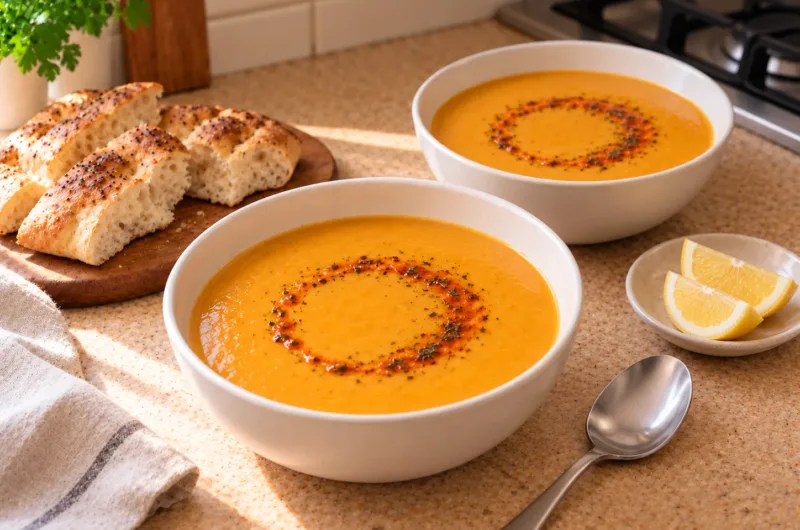 Zwei Schüsseln türkische Linsensuppe mit Paprikabutter und Minze, serviert mit goldbraunem Fladenbrot und Zitronenspalten.