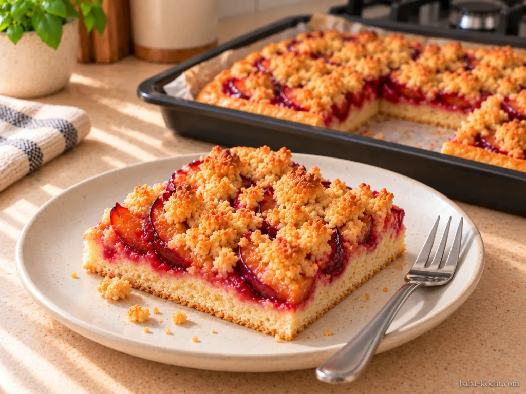 Zwetschgenkuchen vom Blech mit Hefeteig und Streuseln