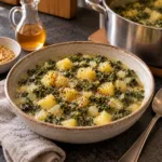 Grünkohl-Eintopf mit Kartoffeln im großen Topf und als servierte Portion in einer Schale