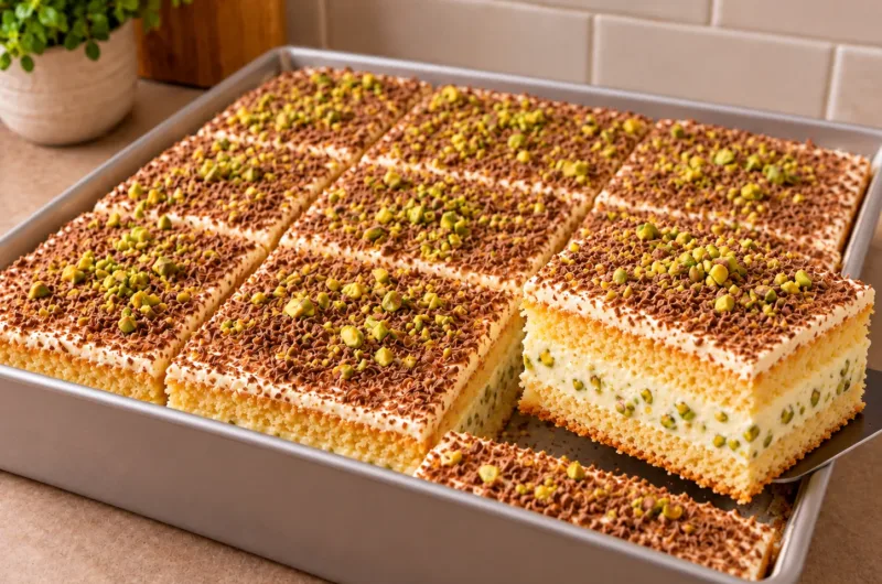 Kalte Baklava-Torte mit Pistazien, cremiger Füllung, Biskuit und Schokoladenraspeln