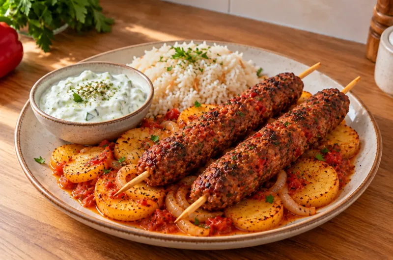 Türkische Köfte-Spieße aus dem Ofen mit Kartoffeln, Tomatensoße, Reis und Joghurt auf einem Teller