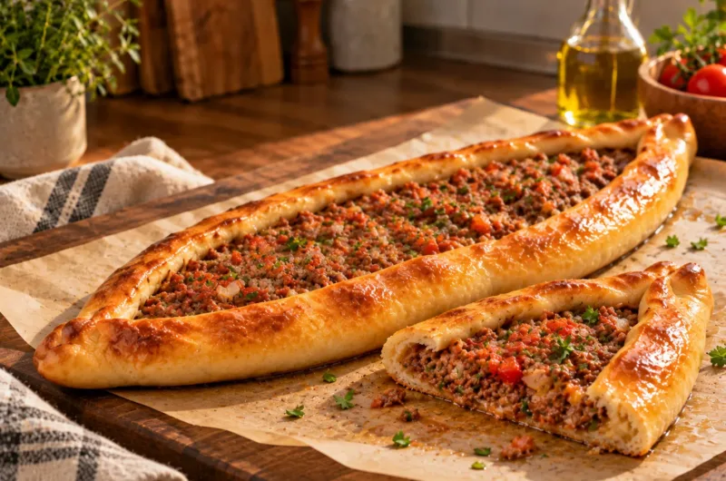 Kıymalı Pide mit würziger Rinderhackfüllung, Tomaten, grüner Paprika und Petersilie